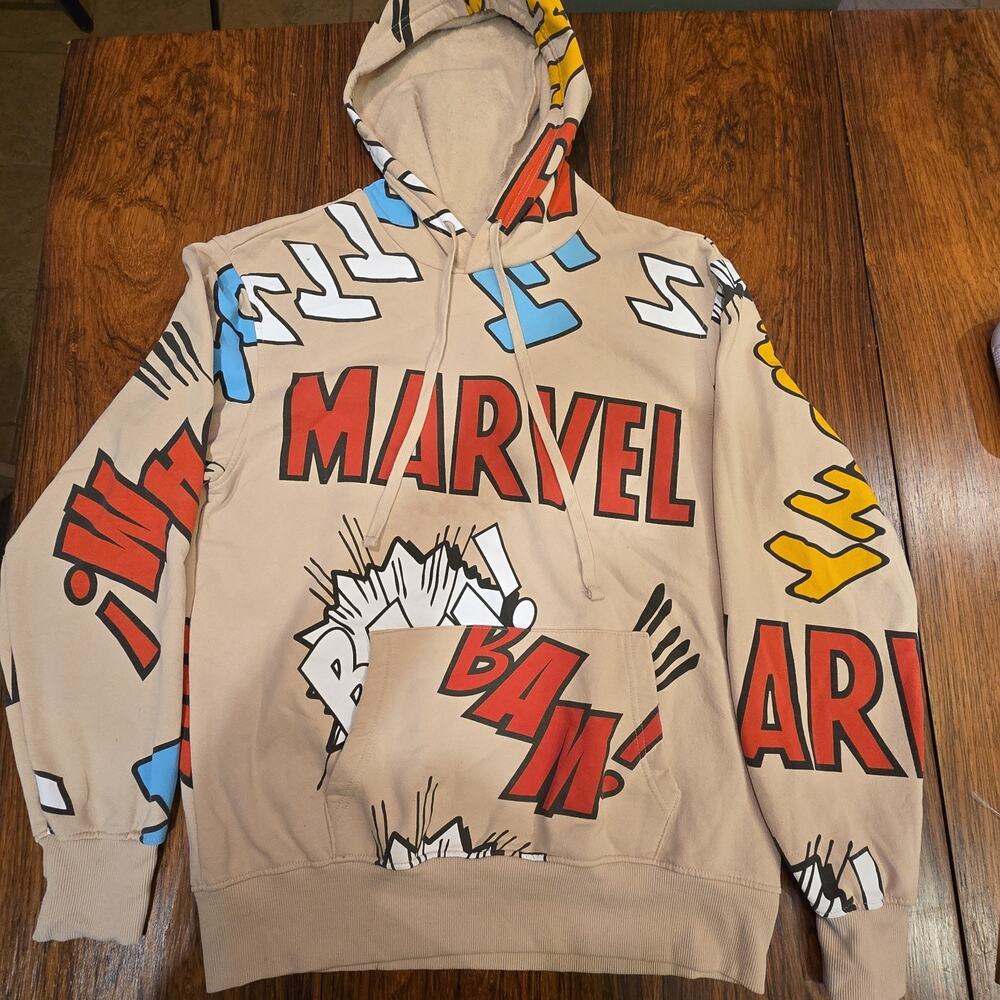 Marvel Comics All Over Print Graphic Hoodie Tan Beige Men M BAM Action Pullover
